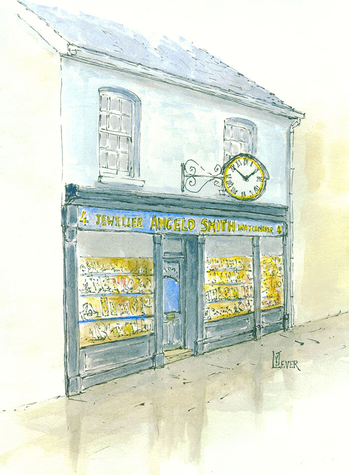 A watercolour painting of Angelo Smith shop exterior.