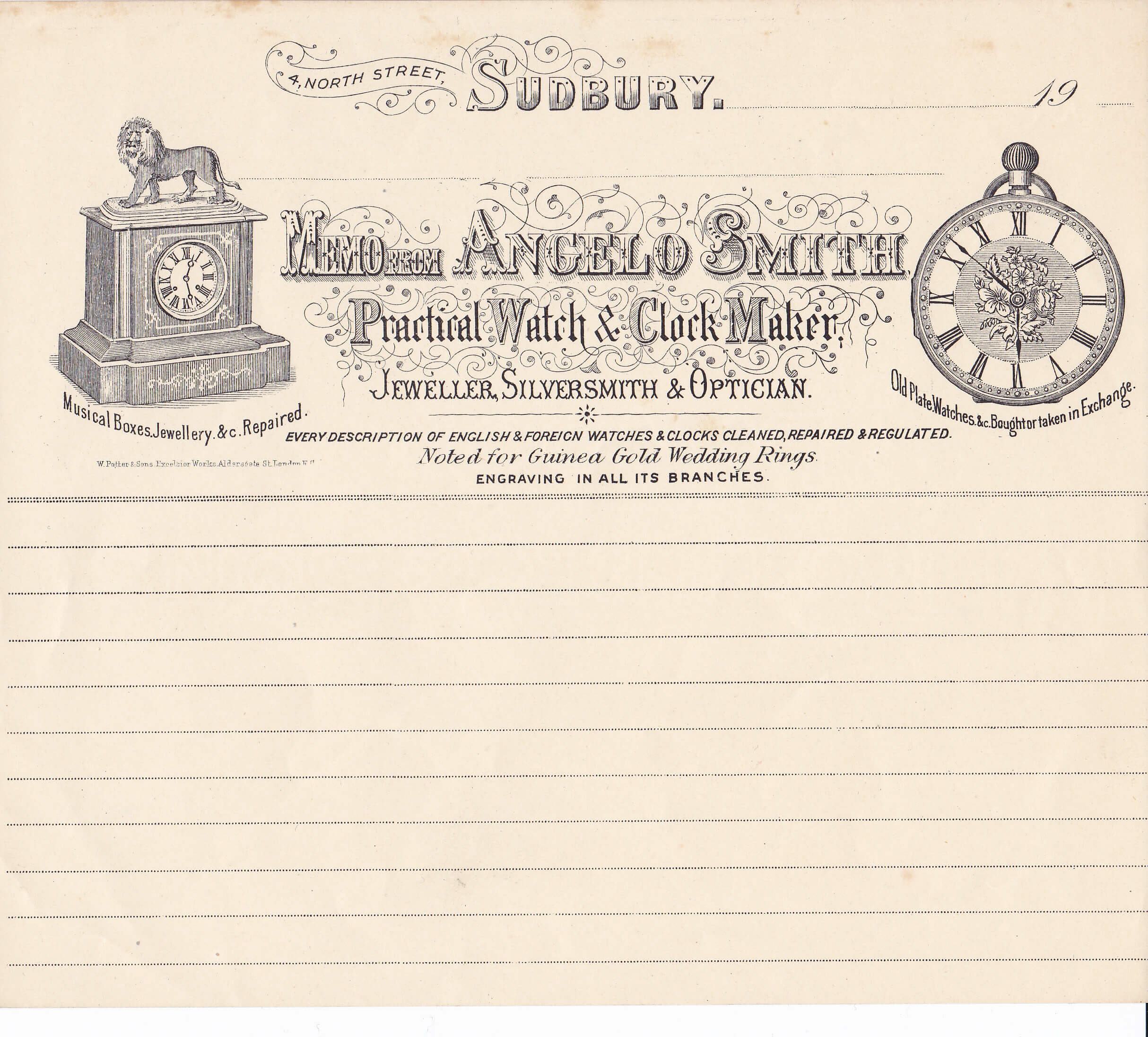 A blank lined paper with a clock and pocketwatch motif and the address up top