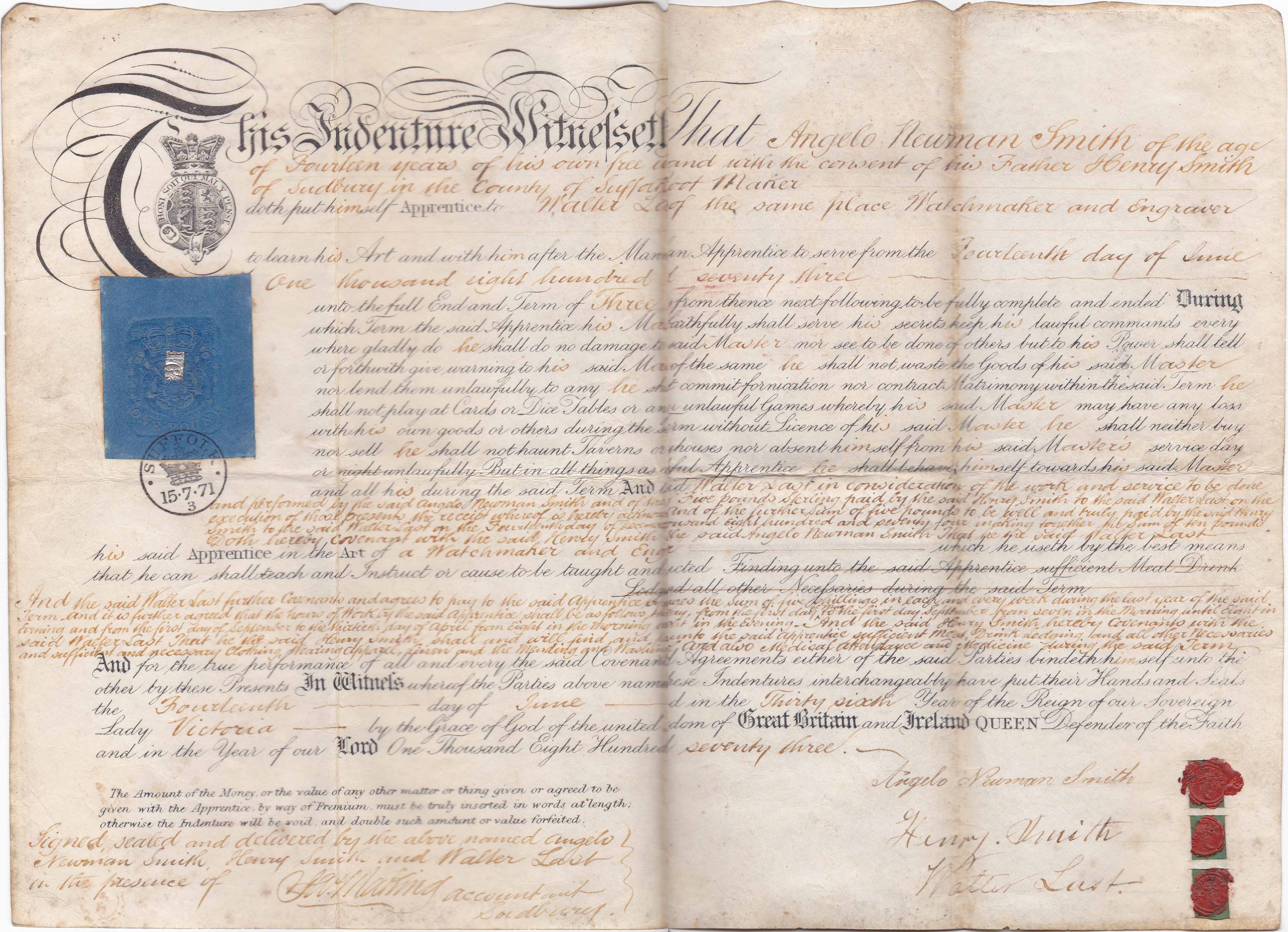 A large document written in cursive with three wax seals in the bottom right corner