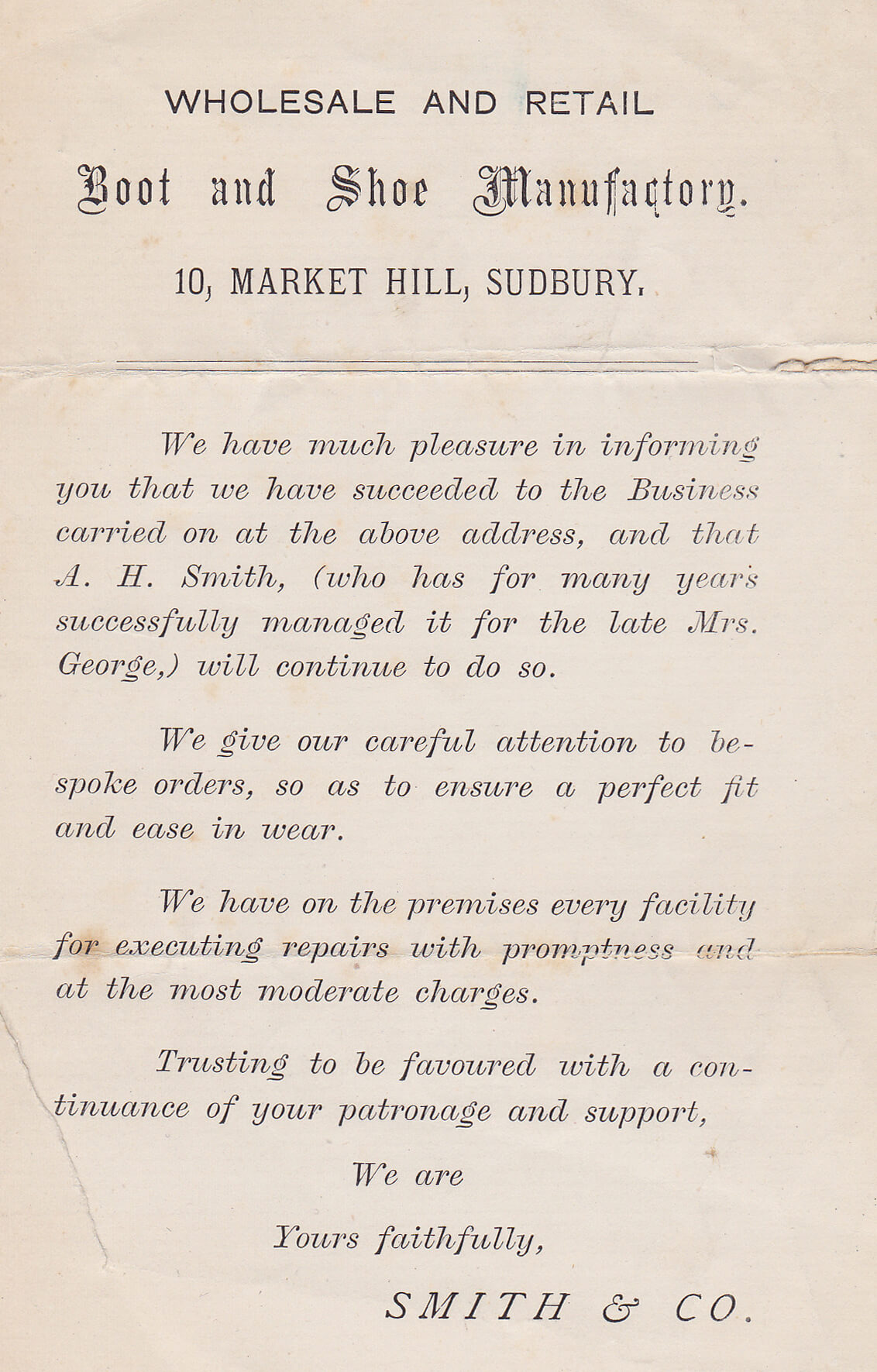 A newspaper clipping of an announcement of Henry's succession of the shoe shop